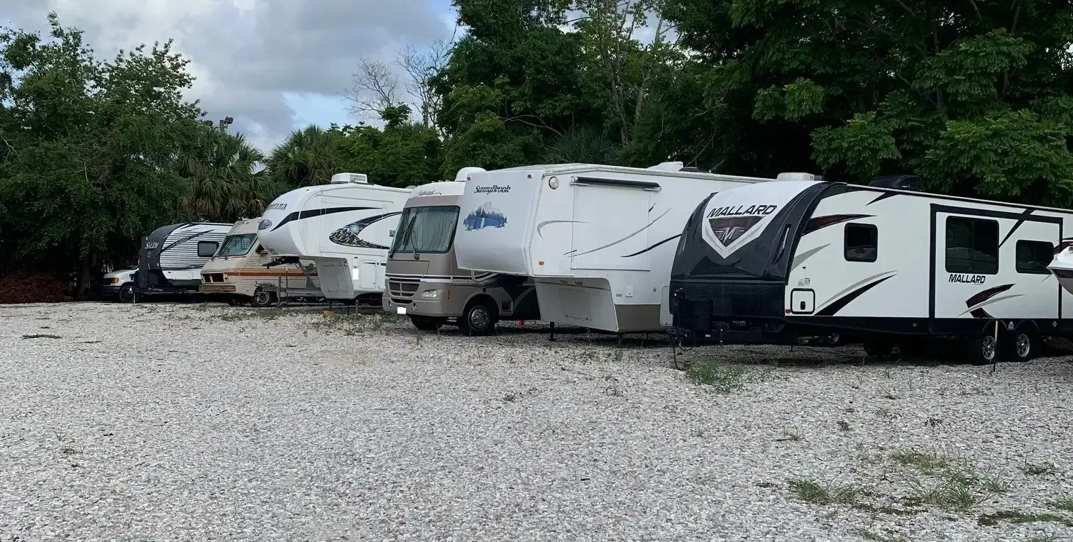 Row of stored RVs at the Leo Kidd location